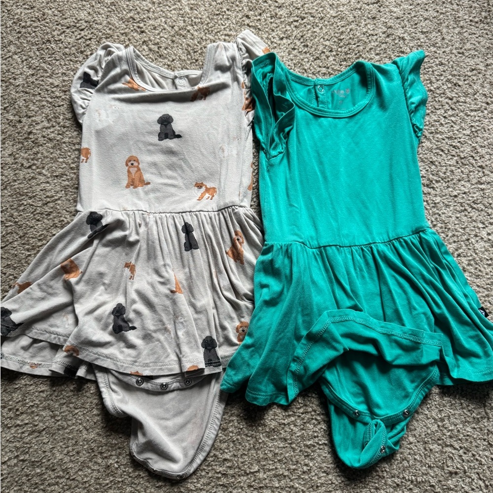 Set of Two Toddler Kyte twirl bodysuit with Dog Print and Solid Teal